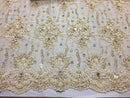 Beaded Fabric - Embroidered Lace Cream Mesh Bridal Veil wedding Decoration By The Yard