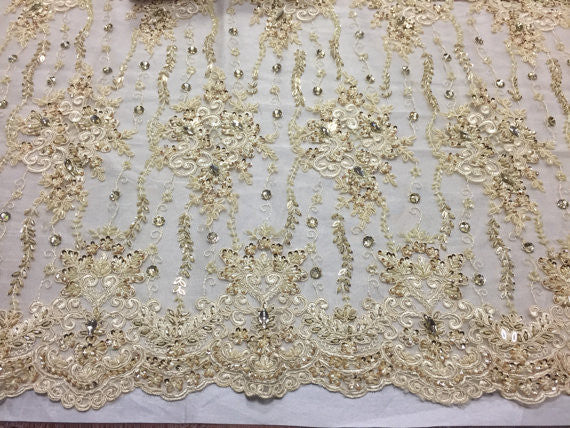 Beaded Fabric - Embroidered Lace Cream Mesh Bridal Veil wedding Decoration By The Yard