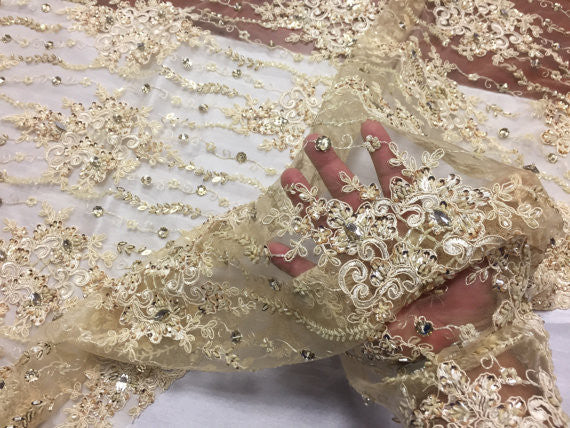 Beaded Fabric - Embroidered Lace Cream Mesh Bridal Veil wedding Decoration By The Yard