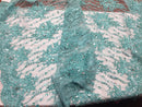 Beaded Lace Fabric - Aqua - Fancy Embroidery on Mesh For Bridal Wedding Dress Sold By The Yard