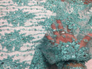 Beaded Lace Fabric - Aqua - Fancy Embroidery on Mesh For Bridal Wedding Dress Sold By The Yard
