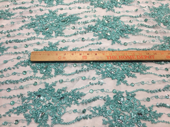 Beaded Lace Fabric - Aqua - Fancy Embroidery on Mesh For Bridal Wedding Dress Sold By The Yard