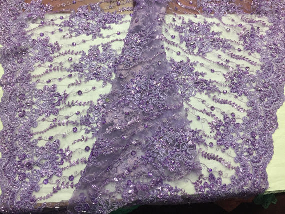 Beaded Lace Fabric - Lavender - Fancy Embroidery on Mesh For Bridal Wedding Dress Sold By The Yard