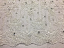 Beaded Lace Fabric - White - Fancy Embroidery on Mesh For Bridal Wedding Dress Sold By The Yard