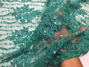 Beaded Lace Fabric - Teal - Fancy Embroidery on Mesh For Bridal Wedding Dress Sold By The Yard