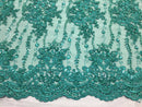 Beaded Lace Fabric - Teal - Fancy Embroidery on Mesh For Bridal Wedding Dress Sold By The Yard