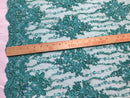 Beaded Lace Fabric - Teal - Fancy Embroidery on Mesh For Bridal Wedding Dress Sold By The Yard