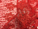Beaded Lace Fabric - Red - Fancy Embroidery on Mesh For Bridal Wedding Dress Sold By The Yard