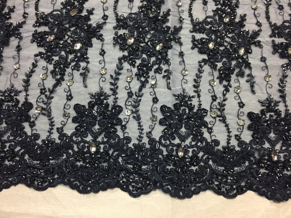 Beaded Lace Fabric - Navy - Fancy Embroidery on Mesh For Bridal Wedding Dress Sold By The Yard