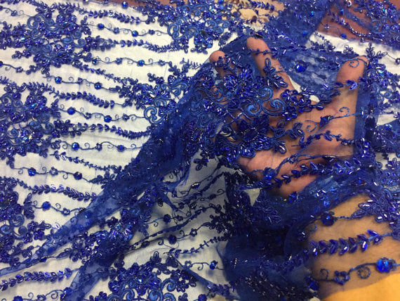 Beaded Lace Fabric - Royal Blue  - Fancy Embroidery on Mesh For Bridal Wedding Dress Sold By The Yard