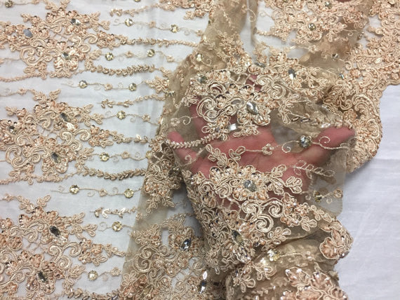 Beaded Lace Fabric - Gold - Fancy Embroidery on Mesh For Bridal Wedding Dress Sold By The Yard