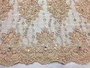 Beaded Lace Fabric - Gold - Fancy Embroidery on Mesh For Bridal Wedding Dress Sold By The Yard