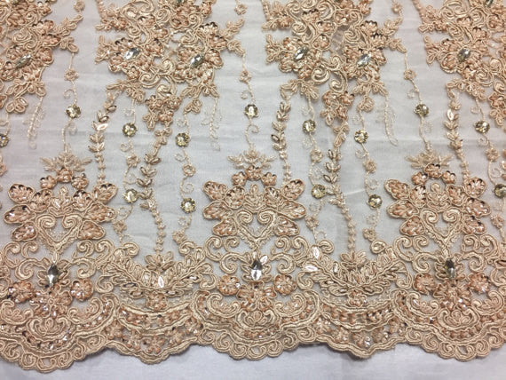 Beaded Lace Fabric - Black - Fancy Embroidery on Mesh For Bridal Weddi
