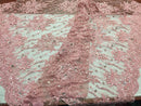 Beaded Lace Fabric - Pink - Fancy Embroidery on Mesh For Bridal Wedding Dress Sold By The Yard