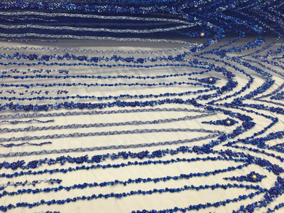 Beaded Fabric By The Yard - Royal Blue - Embroidered Mesh Bridal Fabric Sold By The Yard