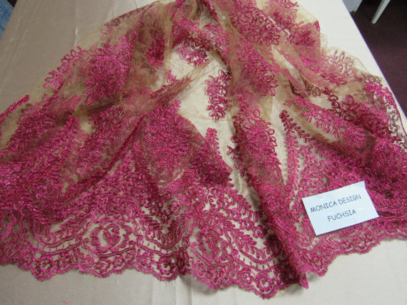 Lace Fabric By The Yard French Design Embroidered Mesh For Bridal Wedding Dress Fuchsia