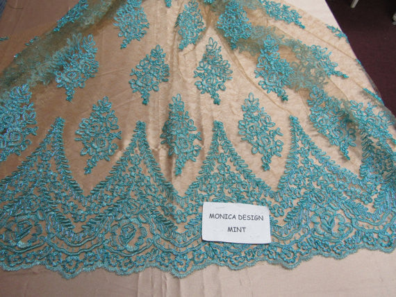Lace Fabric By The Yard French Design Embroidered Mesh For Bridal Wedding Dress Aqua