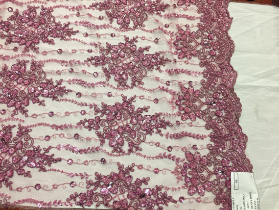 Beaded Lace Fabric - Dusty Rose - Fancy Embroidery on Mesh For Bridal Wedding Dress Sold By The Yard