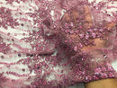 Beaded Lace Fabric - Dusty Rose - Fancy Embroidery on Mesh For Bridal Wedding Dress Sold By The Yard