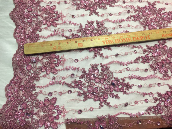 Beaded Lace Fabric - Dusty Rose - Fancy Embroidery on Mesh For Bridal Wedding Dress Sold By The Yard
