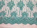 Beaded Lace Fabric - Aqua - Fancy Embroidery on Mesh For Bridal Wedding Dress Sold By The Yard