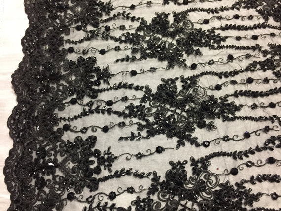 Beaded Lace Fabric - Black - Fancy Embroidery on Mesh For Bridal Wedding Dress Sold By The Yard