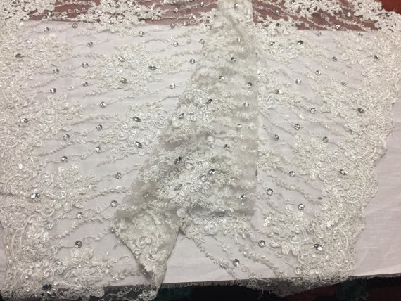 Beaded Lace Fabric - White - Fancy Embroidery on Mesh For Bridal Wedding Dress Sold By The Yard