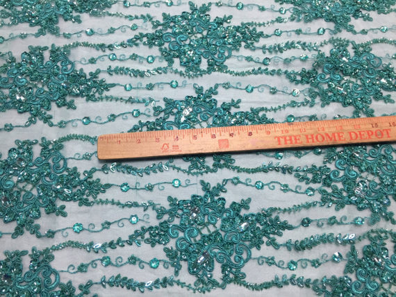 Beaded Lace Fabric - Teal - Fancy Embroidery on Mesh For Bridal Wedding Dress Sold By The Yard