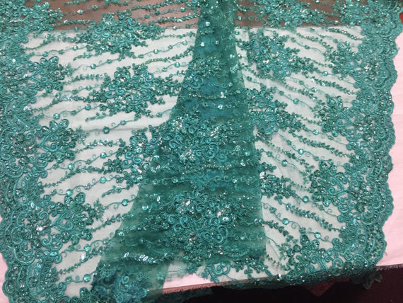 Beaded Lace Fabric - Teal - Fancy Embroidery on Mesh For Bridal Wedding Dress Sold By The Yard