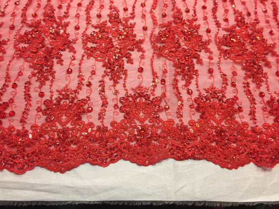 Beaded Lace Fabric - Red - Fancy Embroidery on Mesh For Bridal Wedding Dress Sold By The Yard