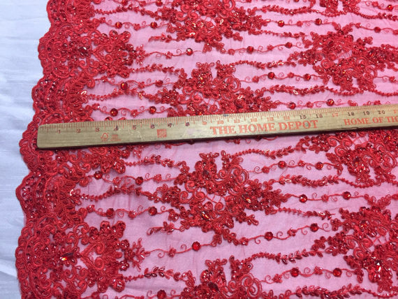 Beaded Lace Fabric - Red - Fancy Embroidery on Mesh For Bridal Wedding Dress Sold By The Yard