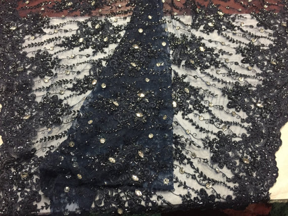 Beaded Lace Fabric - Navy - Fancy Embroidery on Mesh For Bridal Wedding Dress Sold By The Yard