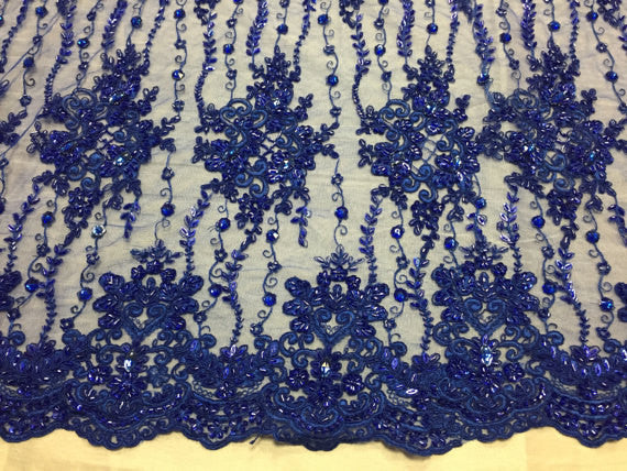 Beaded Lace Fabric - Royal Blue  - Fancy Embroidery on Mesh For Bridal Wedding Dress Sold By The Yard