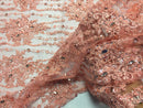 Beaded Lace Fabric - Peach - Fancy Embroidery on Mesh For Bridal Wedding Dress Sold By The Yard