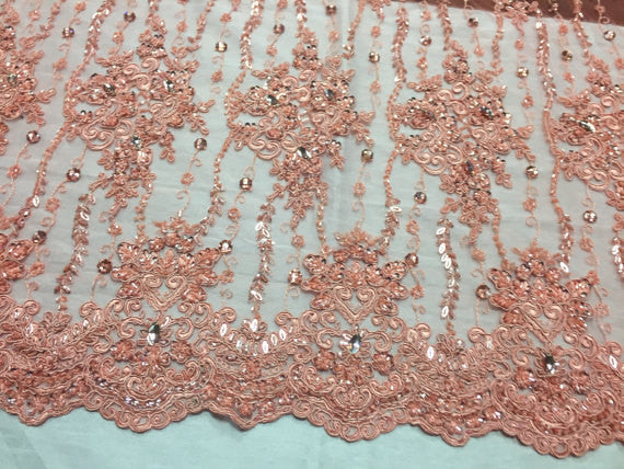 Beaded Lace Fabric - Peach - Fancy Embroidery on Mesh For Bridal Wedding Dress Sold By The Yard