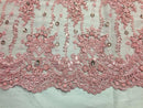Beaded Lace Fabric - Pink - Fancy Embroidery on Mesh For Bridal Wedding Dress Sold By The Yard