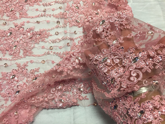 Beaded Lace Fabric - Pink - Fancy Embroidery on Mesh For Bridal Wedding Dress Sold By The Yard