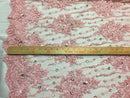 Beaded Lace Fabric - Pink - Fancy Embroidery on Mesh For Bridal Wedding Dress Sold By The Yard