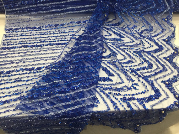 Beaded Fabric By The Yard - Royal Blue - Embroidered Mesh Bridal Fabric Sold By The Yard