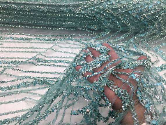 Mint Beaded Fbric By The Yard Embroidered Mesh Bridal Veil Beaded & Sequins Wedding Decorations
