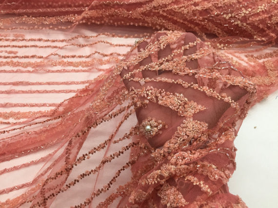 Salmon Beaded Fbric By The Yard Embroidered Mesh Bridal Veil Beaded & Sequins Wedding Decorations