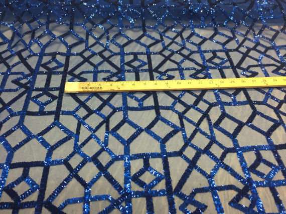 4 Way Stretch Geometric Sequins Royal Blue Mesh Lace Fabric Dress Fashion Sold By The Yard