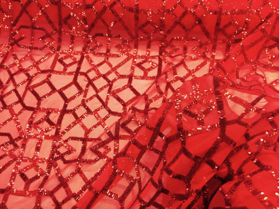 Metatron fabrics Magnificent geometric Sequins mesh Lace Fabric Bridal Wedding red. Sold By The Yard