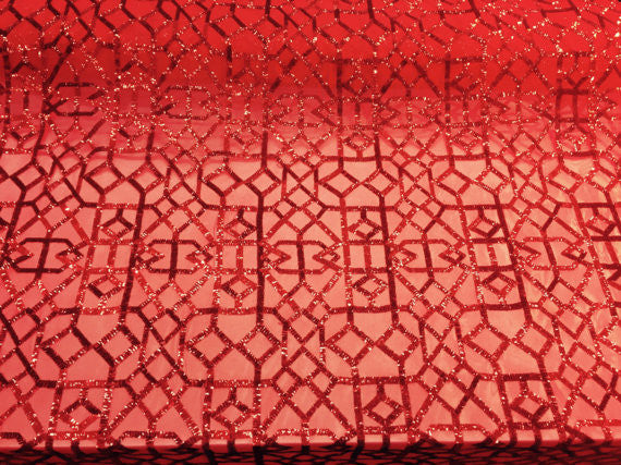 Metatron fabrics Magnificent geometric Sequins mesh Lace Fabric Bridal Wedding red. Sold By The Yard