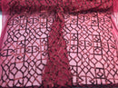 4Way Stretch Geometric Sequins Burgundy Mesh Lace Fabric Dress Fashion Sold By The Yard