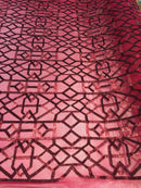 4Way Stretch Geometric Sequins Burgundy Mesh Lace Fabric Dress Fashion Sold By The Yard