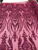 Big Damask Sequins Fabric - Fuchsia - 4 Way Stretch Damask Sequins Design Fabric By Yard