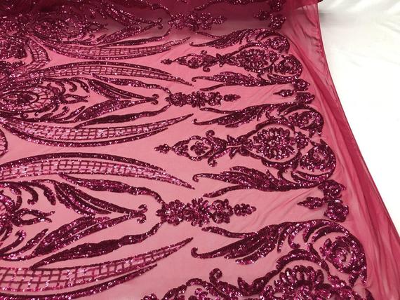 Big Damask Sequins Fabric - Fuchsia - 4 Way Stretch Damask Sequins Design Fabric By Yard
