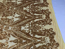 Big Damask Sequins Fabric - Gold - 4 Way Stretch Damask Sequins Design Fabric By Yard