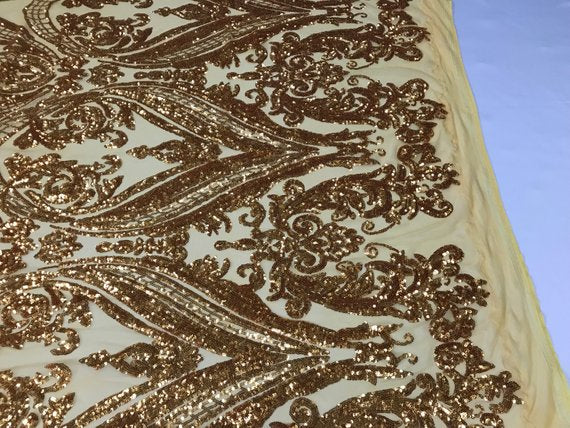 Big Damask Sequins Fabric - Gold - 4 Way Stretch Damask Sequins Design Fabric By Yard